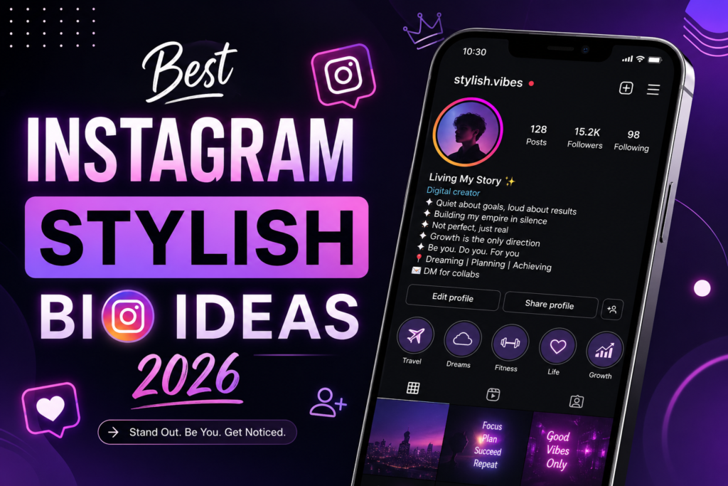 Modern purple and black featured image showing Instagram stylish bio ideas 2026 with a smartphone mockup, neon social media icons, and aesthetic Instagram-inspired design.
