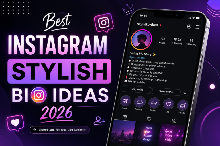 Modern purple and black featured image showing Instagram stylish bio ideas 2026 with a smartphone mockup, neon social media icons, and aesthetic Instagram-inspired design.